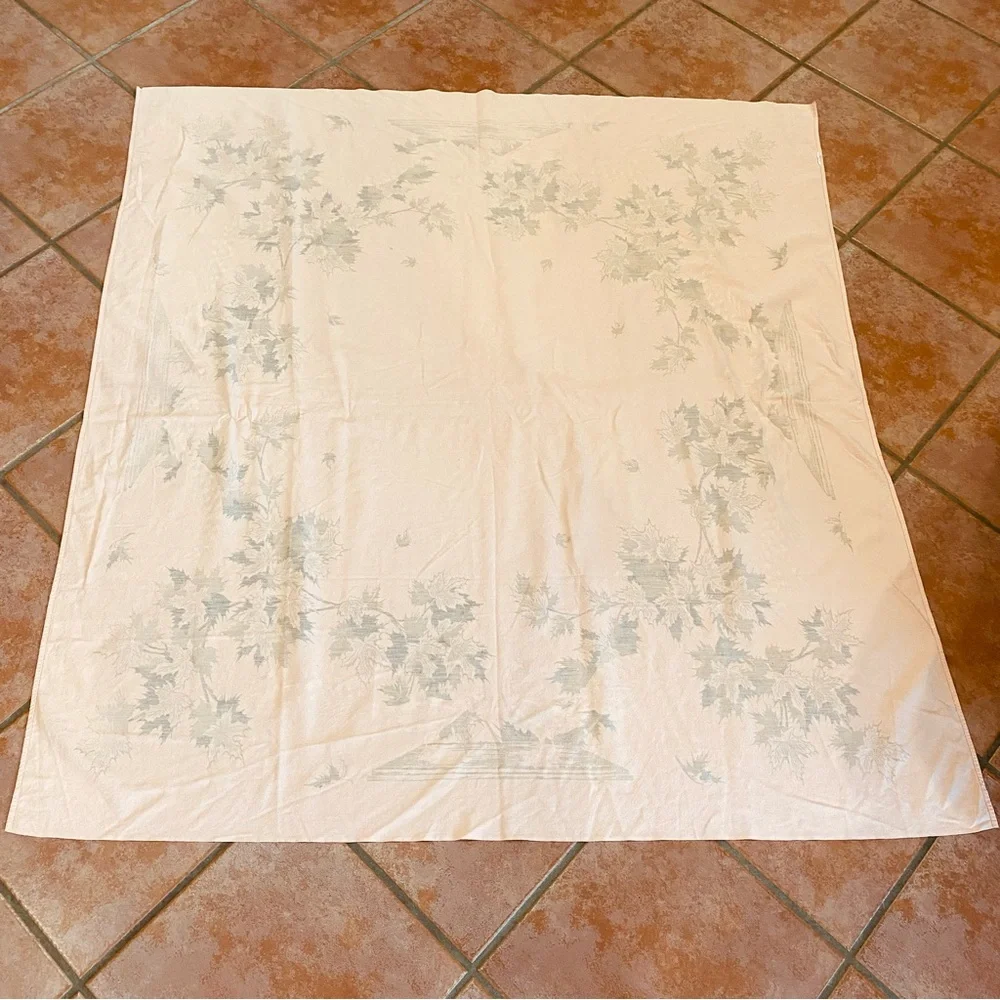 Vintage Peach Table Cloth Gold Brown Maple Leaves & Pheasants 50X48 MCM Square
